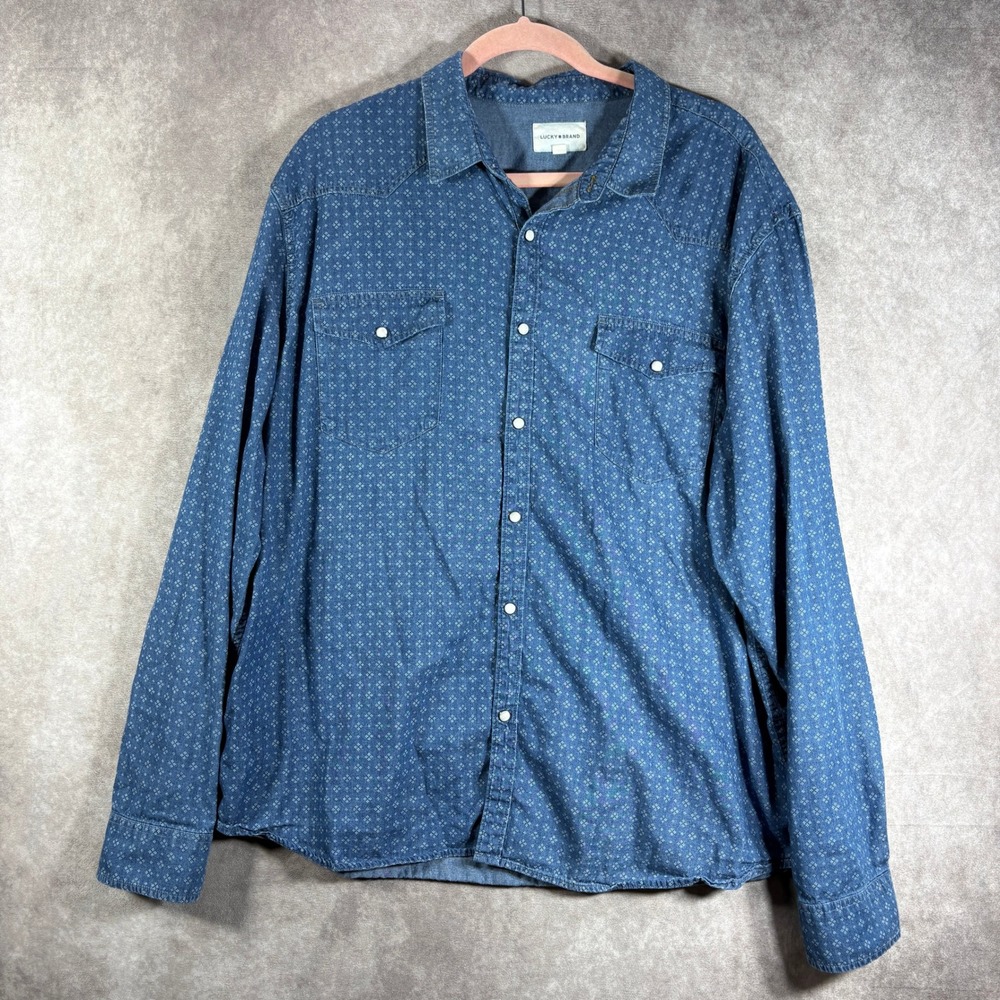 Lucky Brand Button Down Men XXL Blue Pearl Snap Western Geometric Print Cotton